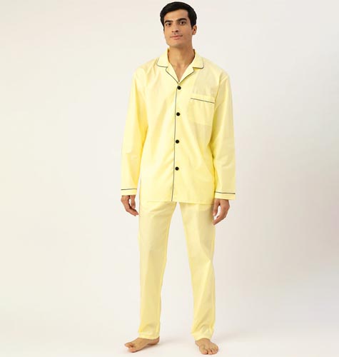 Men Yellow Pure Cotton Solid Pyjamas Set